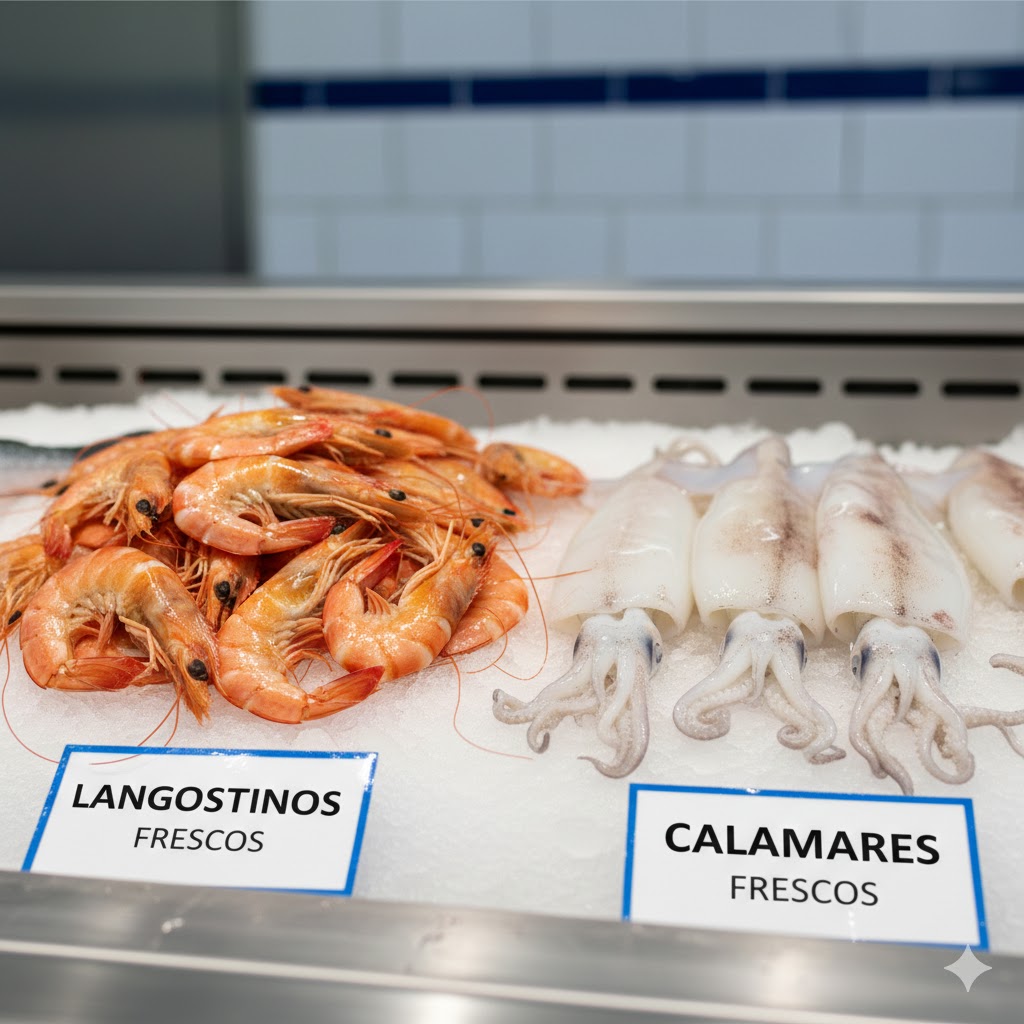 Langostinos y calamares seleccionados