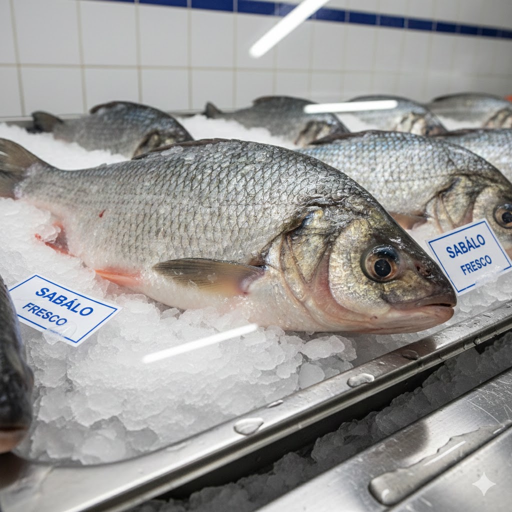 Sábalo fresco entero sobre hielo